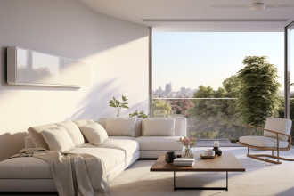 Système de climatisation installé dans un salon moderne et lumineux