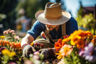 Jardinier en action avec outils, travaillant dans un espace vert