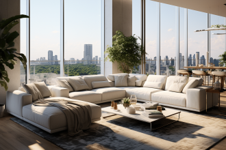 canapé d’angle moderne dans un salon élégant avec des coussins décoratifs