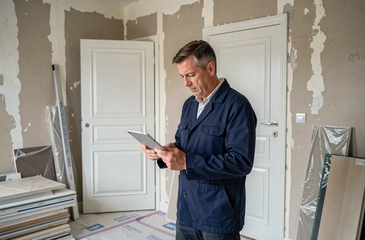 Spécialiste AL Menuiserie consultant une estimation de rénovation dans un intérieur de maison en cours de rénovation dans les Yvelines