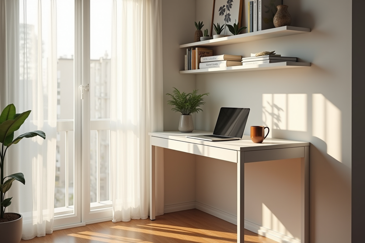 Petit appartement urbain avec table blanche et lumiere naturelle