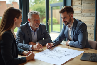 Architecte en intérieur avec couple et plans de maison