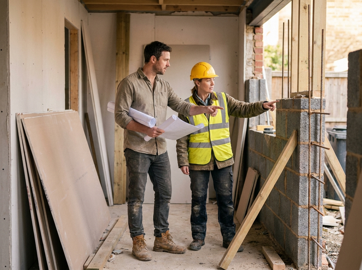 Architecte et chef de chantier examinant les plans d'une extension de maison devant un mur en construction
