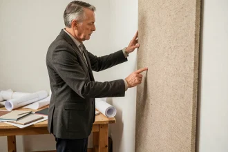 Architecte examinant un échantillon de fibrecouture plaquage en studio, matériau différenciant pour les professionnels de l'architecture