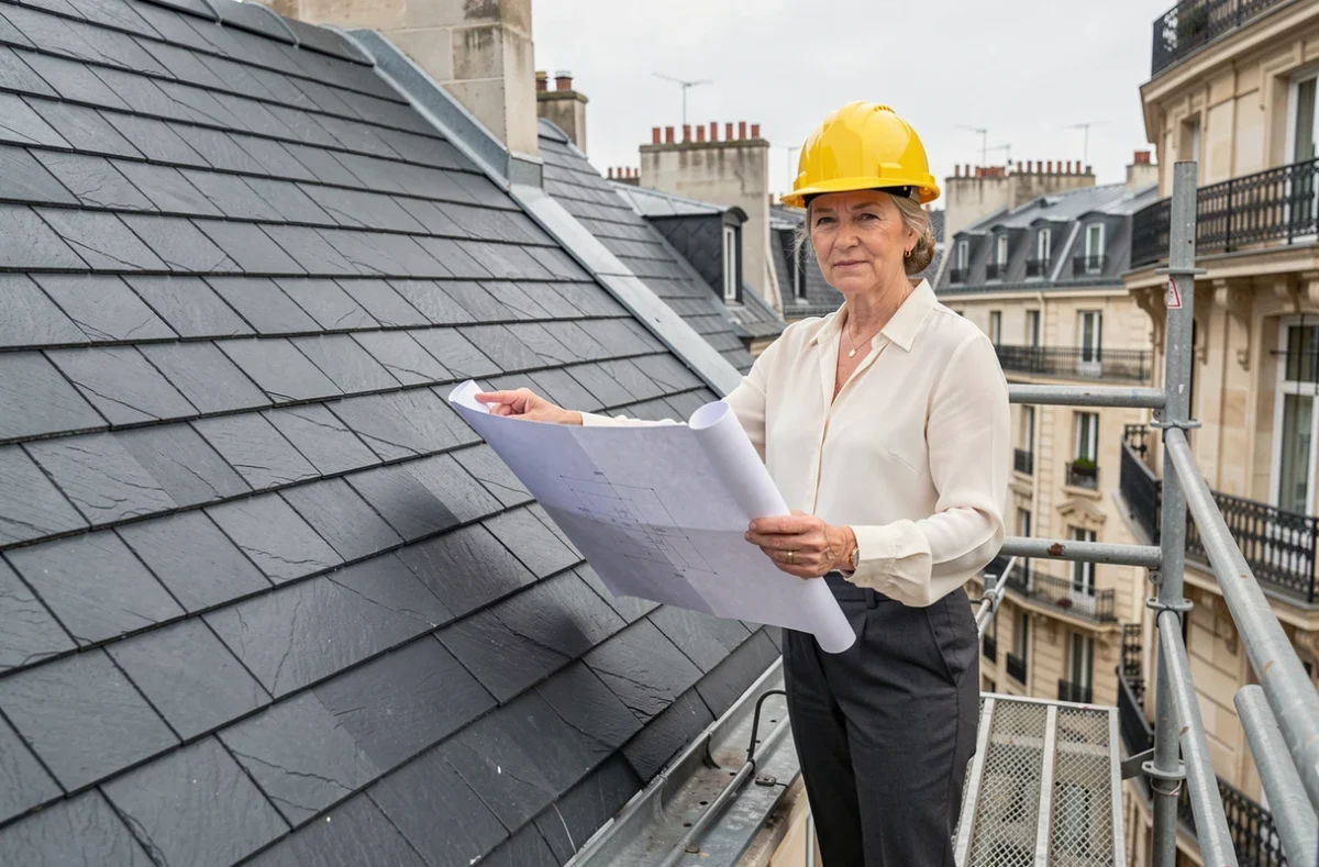 Architecte féminine en inspection sur un échafaudage devant une toiture en ardoises restaurées, soulignant le rôle du choix des dimensions d'ardoise dans la longévité du toit