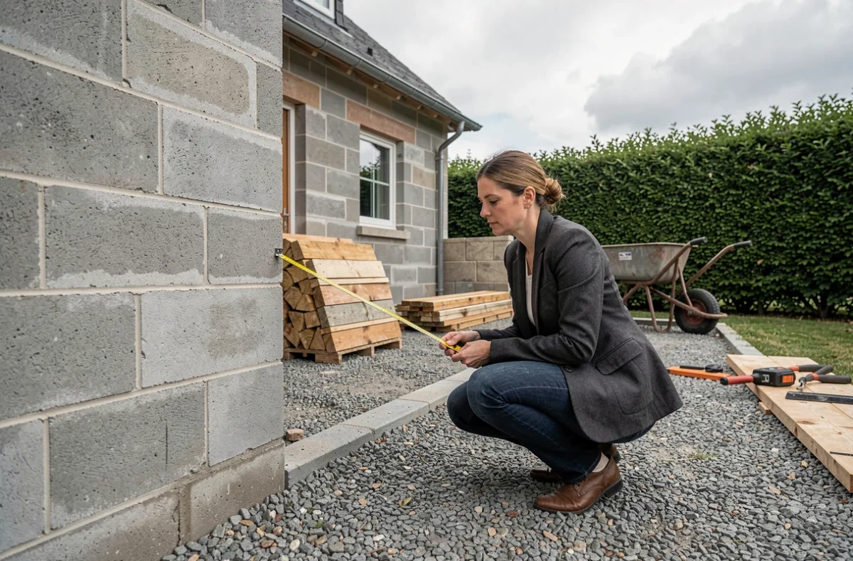 Architecte mesurant les murs d'une extension de maison en parpaing pour vérifier la conformité réglementaire