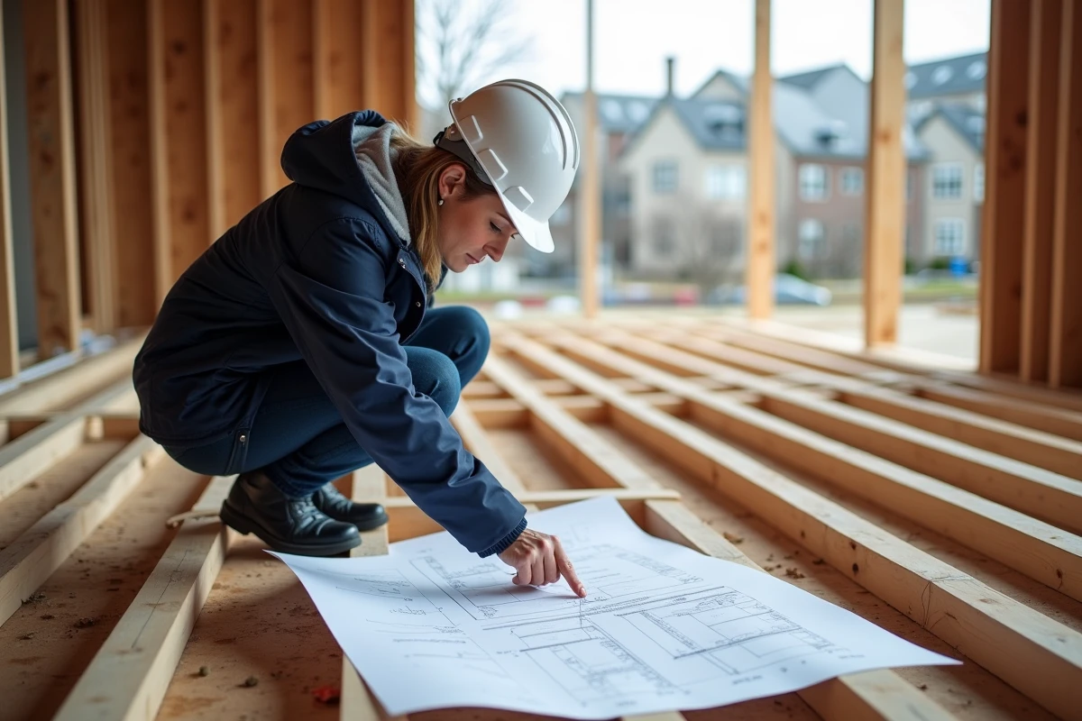 Architecte féminine consultant des plans de structure sur un plancher de solives bois en cours de charpentage à l'étage
