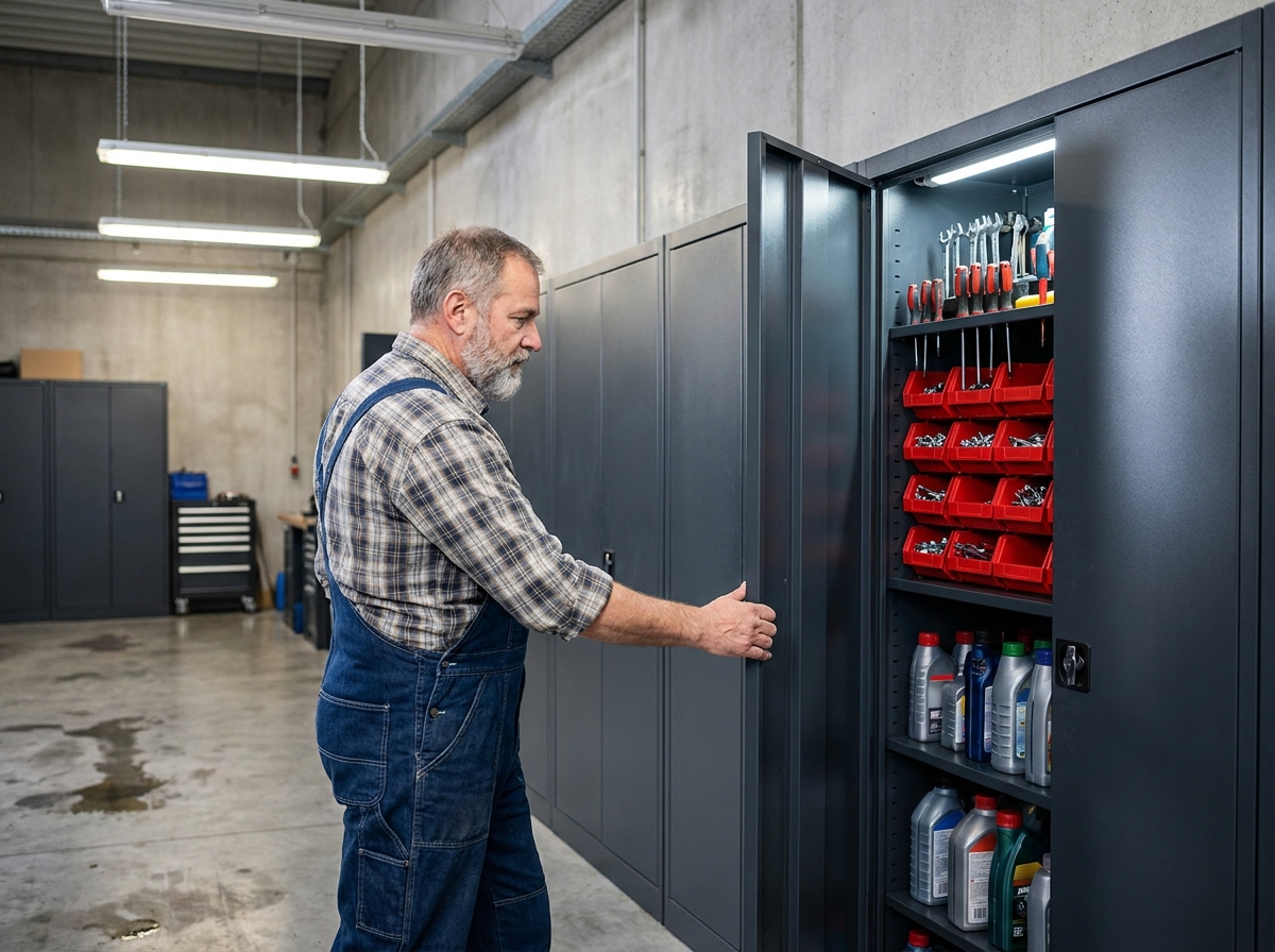 Armoires de garage en métal fermées avec rangement intérieur organisé pour produits et outils