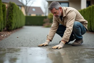 Artisan examinant la texture d'un béton désactivé fraîchement posé sur une allée de maison individuelle