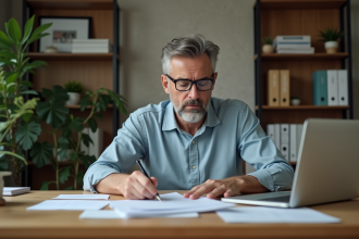 Artisan homme en bureau à domicile avec documents et ordinateur