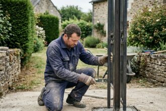 Artisan installant un portail en fer forgé dans un jardin du Maine-et-Loire