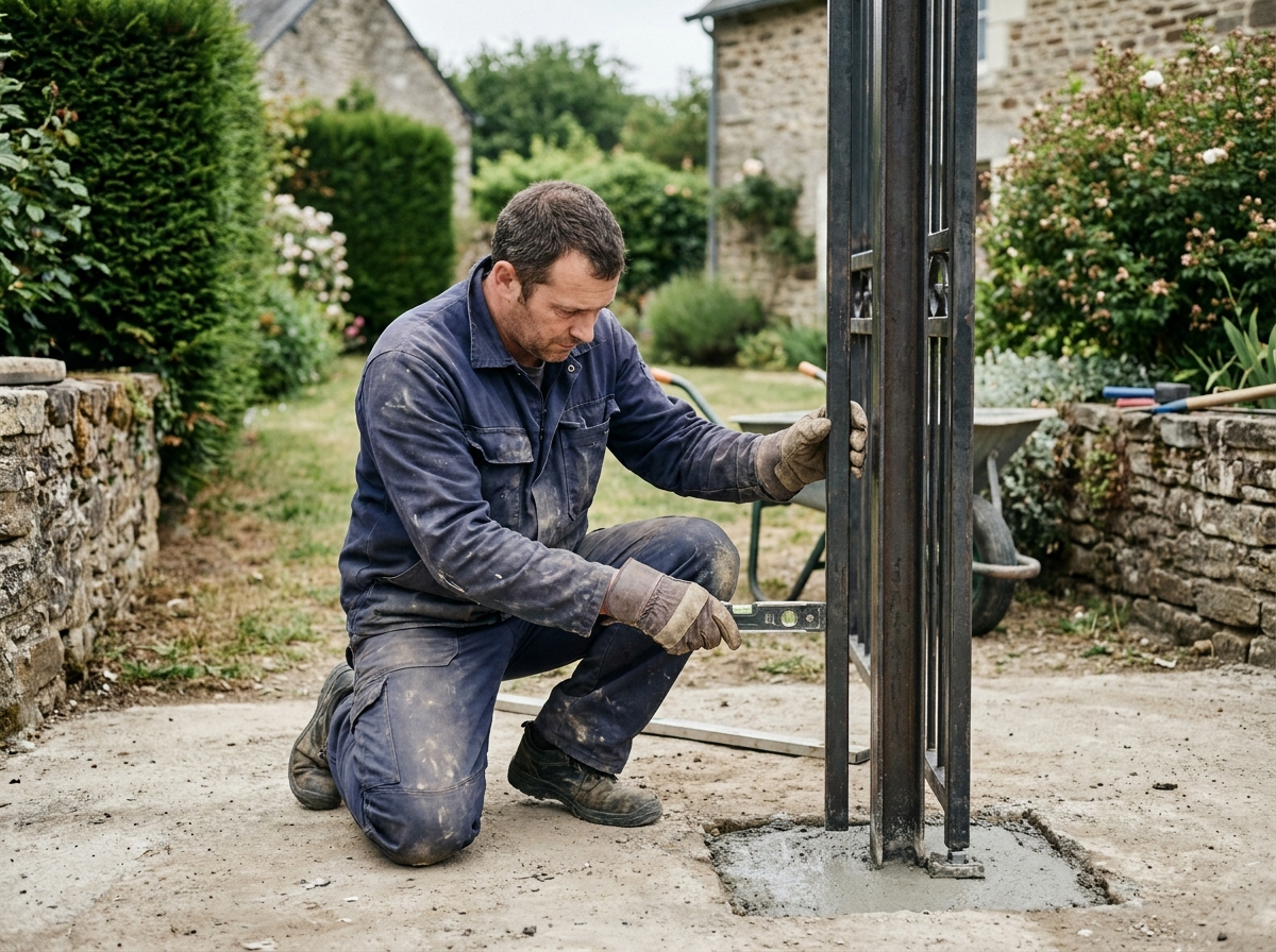 Artisan installant un portail en fer forgé dans un jardin du Maine-et-Loire