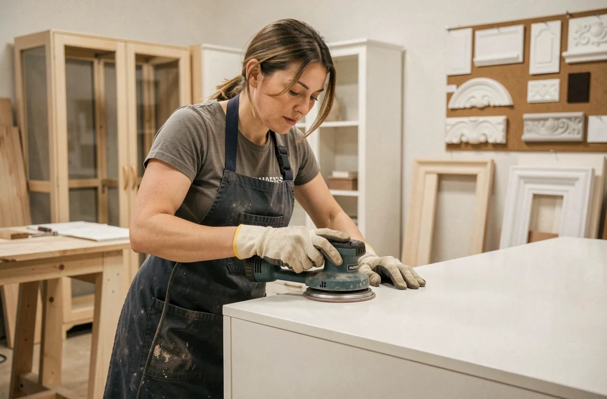 Artisane d'Art'monie ponçant un panneau de meuble sur mesure laqué blanc dans un atelier de menuiserie personnalisée