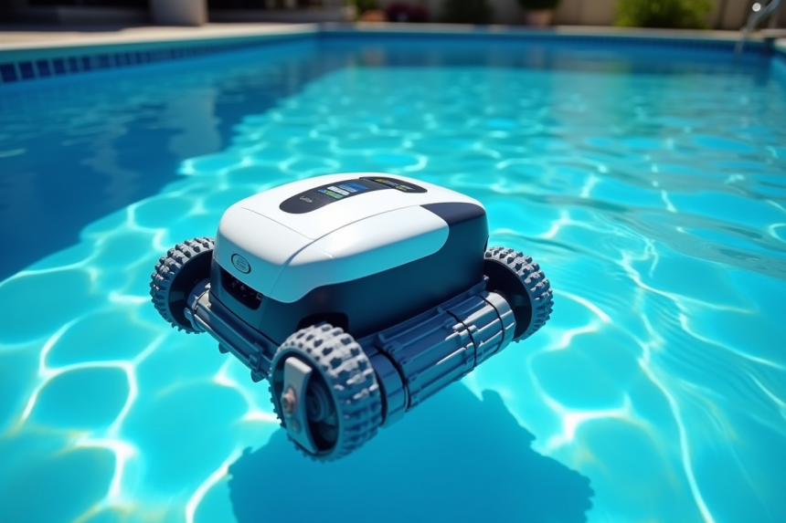 Aspirateur piscine robot moderne en action dans une piscine bleue brillante
