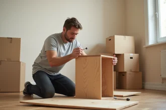 Homme assemblant un meuble d'angle en kit sur un parquet en bois dans un salon en cours d'aménagement