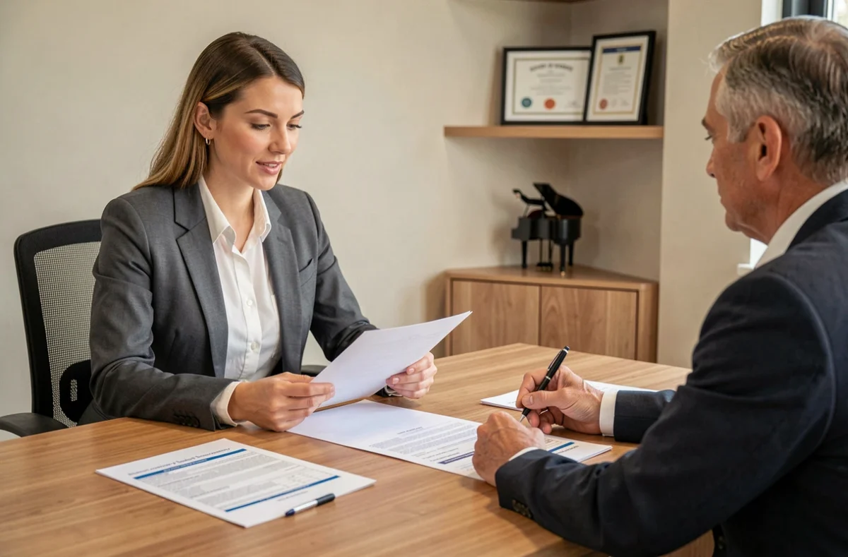 Conseillère en déménagement expliquant les assurances et frais cachés d'un contrat de transport de piano à un client