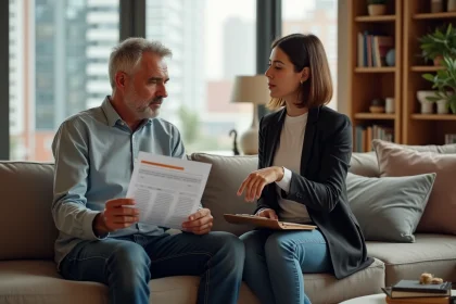 Hommes discutant d'un rapport d'audit énergétique dans un salon moderne