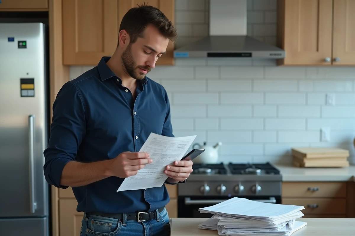 Jeune auto-entrepreneur consultant une facture comme justificatif de domicile tout en utilisant son smartphone dans sa cuisine