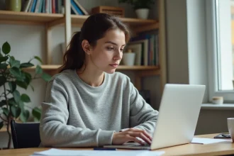 Auto-entrepreneuse débutante remplissant un formulaire de justificatif de domicile en ligne sur son ordinateur portable à domicile
