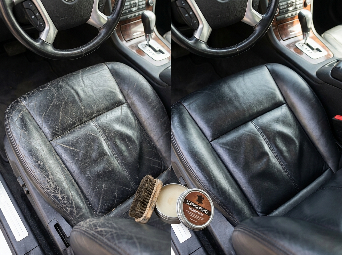 Comparaison avant-après d'un siège conducteur en cuir noir restauré à l'intérieur d'une voiture de luxe