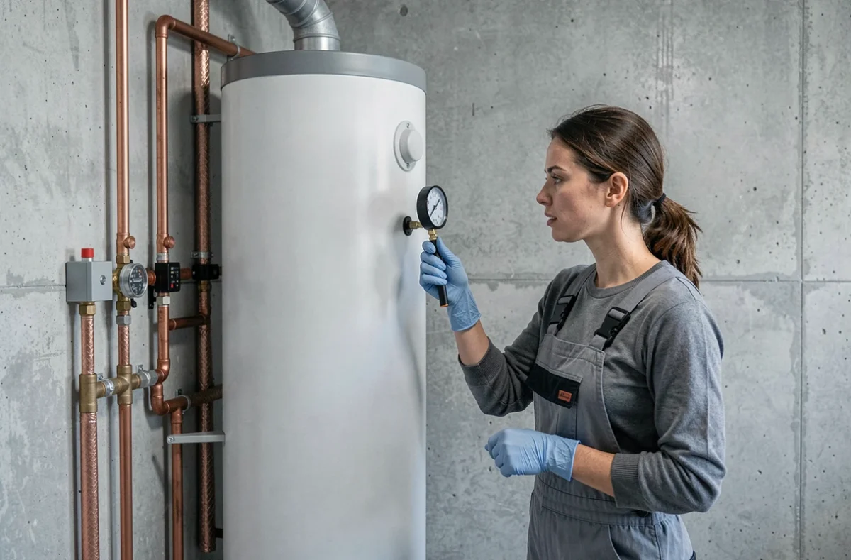 Technicienne vérifiant la pression d'un ballon de chauffe-eau solaire dans une chaufferie domestique