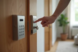 Boîte à clés murale avec code numérique installée à côté d'une porte d'entrée d'appartement Airbnb