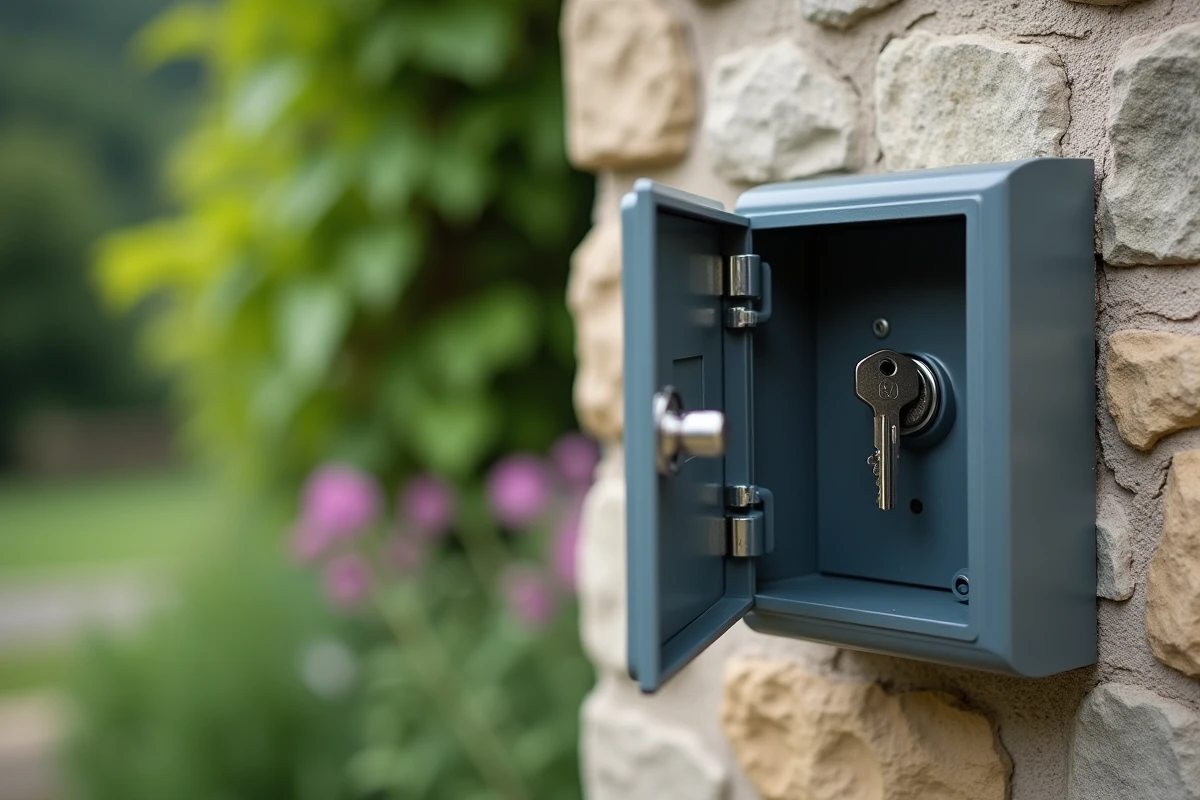 Gros plan d'une boîte à clés sécurisée ouverte avec une clé de location visible, fixée sur un mur extérieur en pierre