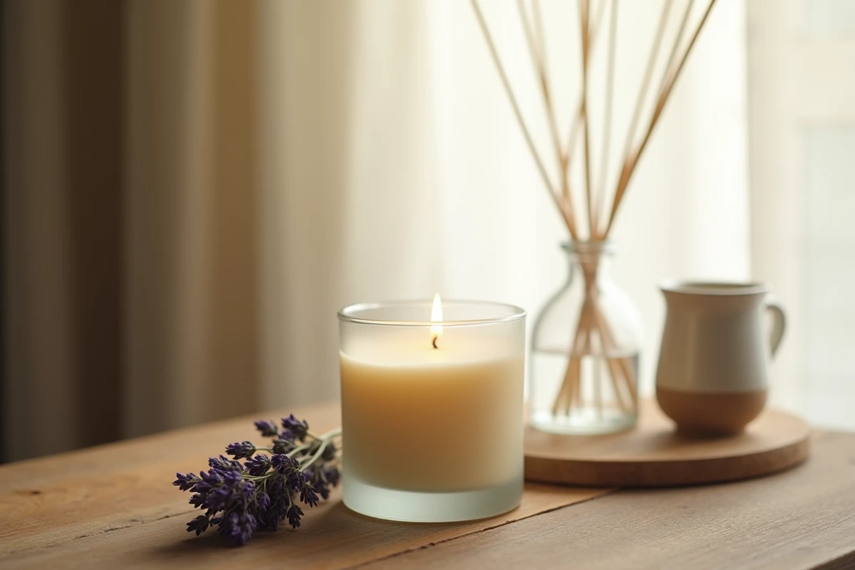Bougie parfumée bio en pot de verre givré posée sur une surface en chêne avec de la lavande séchée