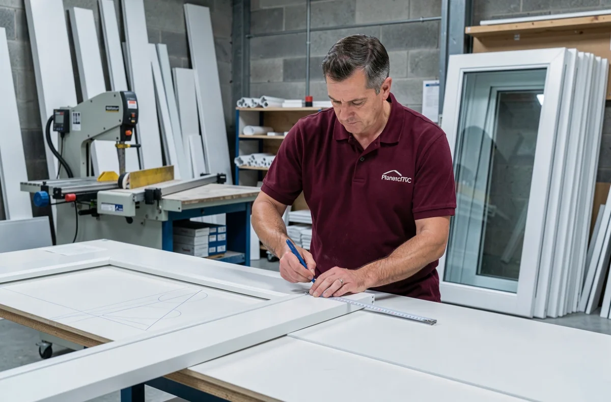 Spécialiste B'Plast Coignières mesurant un cadre de porte PVC blanc dans un atelier de menuiserie PVC à Coignières