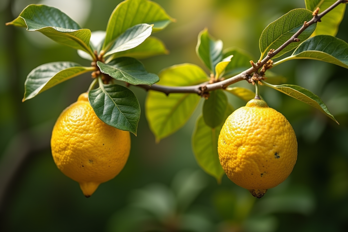 Branche de citronnier sain et malade côte à côte