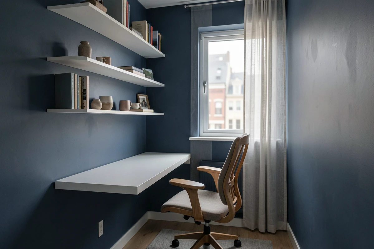 Bureau à domicile étroit peint en bleu ardoise avec bureau blanc flottant et étagères minimalistes