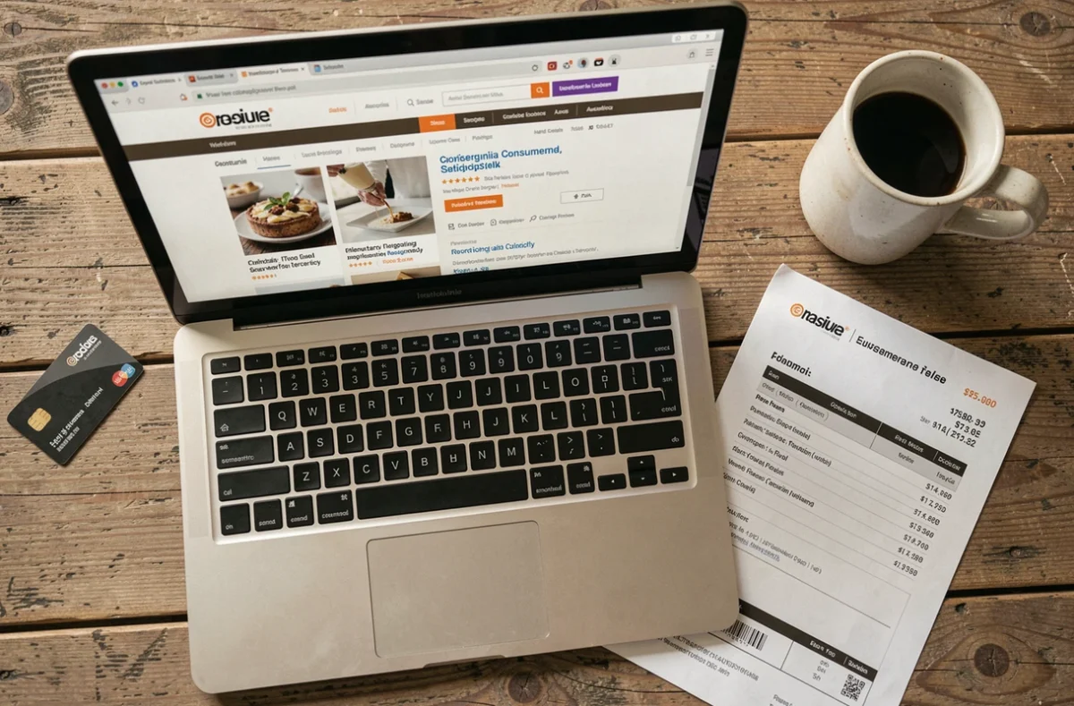 Vue aérienne d'un bureau avec ordinateur portable ouvert sur des avis clients, une carte bancaire et une facture imprimée pour illustrer une commande en ligne