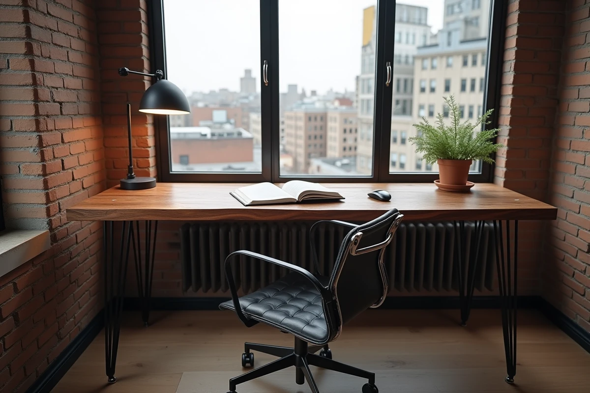 Bureau sur mesure style industriel en noyer massif et pieds épingle en acier noir dans un home office contemporain avec vue urbaine