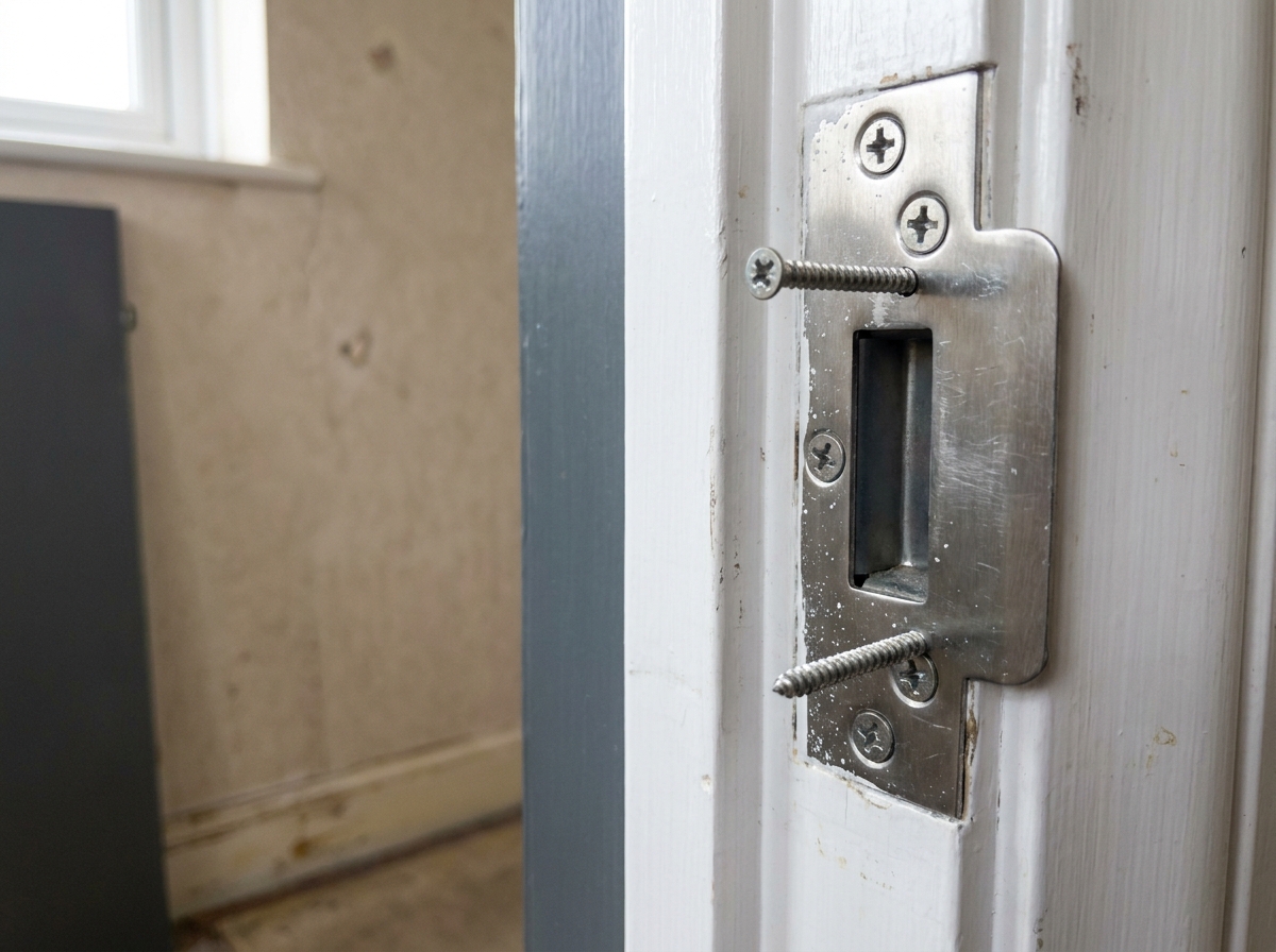 Gros plan sur une gâche de sécurité renforcée vissée dans un encadrement de porte d'appartement
