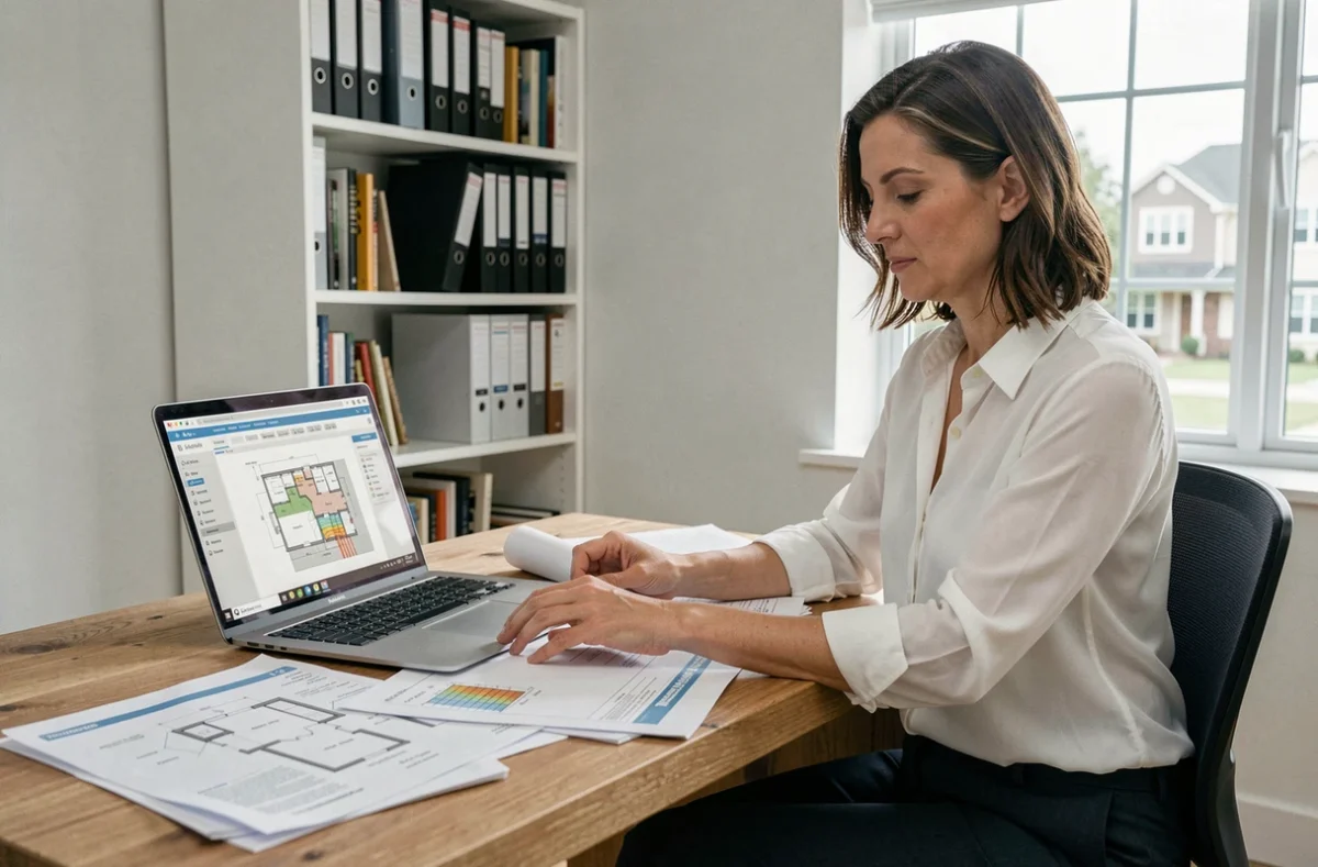 Femme étudiant des plans et calculs thermiques pour le dimensionnement d'une pompe à chaleur dans un bureau à domicile