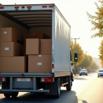 Camion de déménagement stationne dans une rue résidentielle ensoleillée