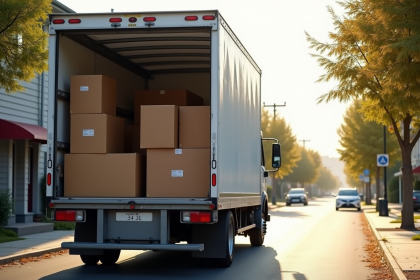 Camion de déménagement stationne dans une rue résidentielle ensoleillée