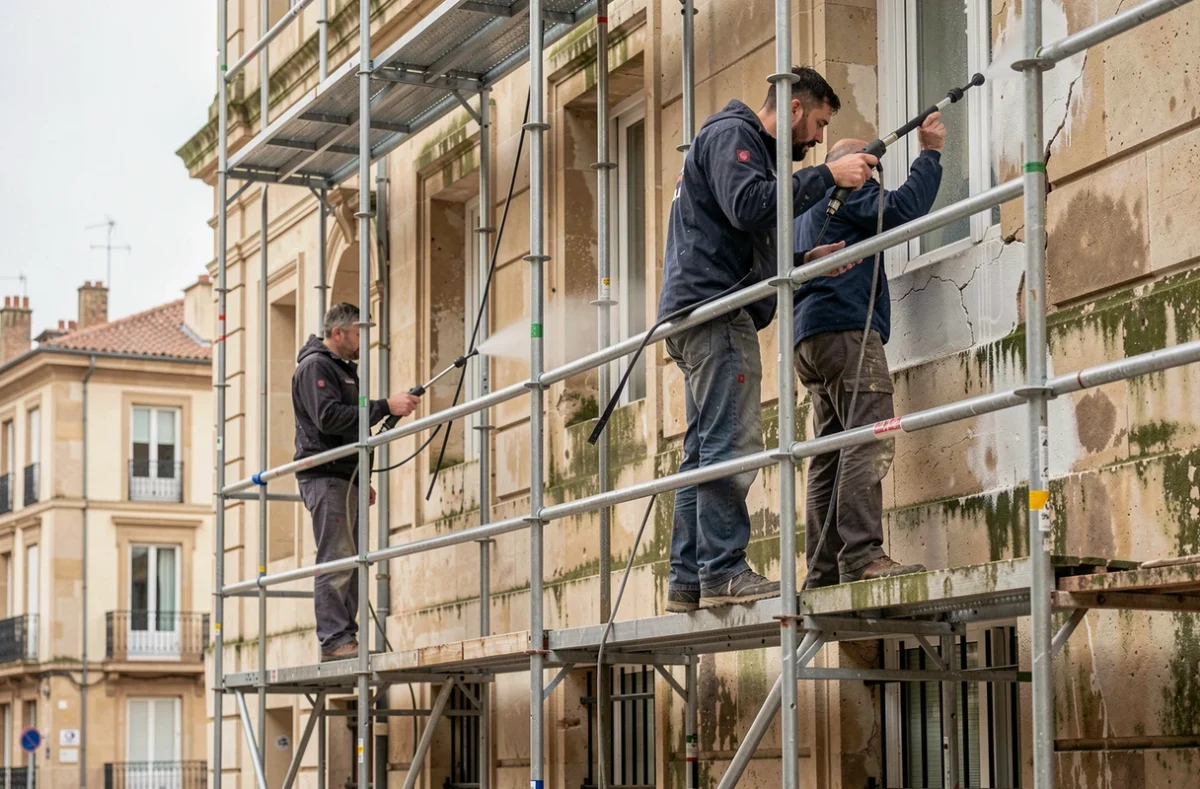 Équipe CBK Facades nettoyant et préparant la façade en pierre d'un immeuble ancien en Occitanie