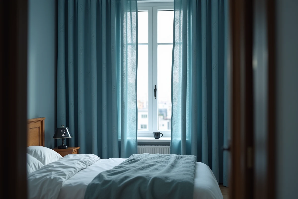 Chambre avec rideaux occultants thermiques bleu ardoise à motif damassé, fermés pour une isolation thermique optimale et un confort acoustique