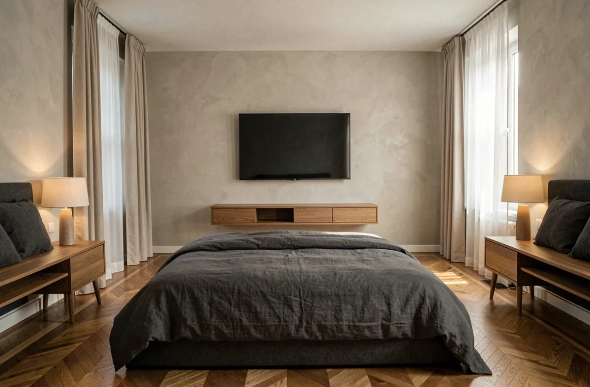 Vue d'ensemble d'une chambre élégante avec TV montée sur mur en placo sans câbles apparents, au-dessus d'un meuble TV bas, dans un intérieur contemporain harmonieux
