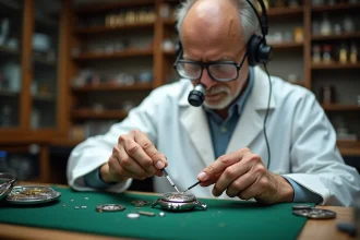 Horloger professionnel en train de changer la pile d'une montre analogique sur un établi de réparation horlogère
