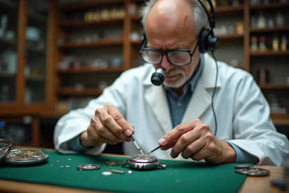 Horloger professionnel en train de changer la pile d'une montre analogique sur un établi de réparation horlogère