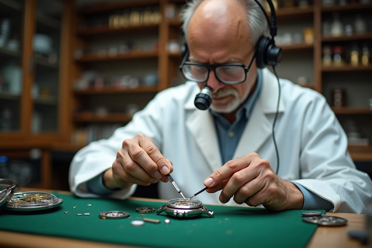 Horloger professionnel en train de changer la pile d'une montre analogique sur un établi de réparation horlogère