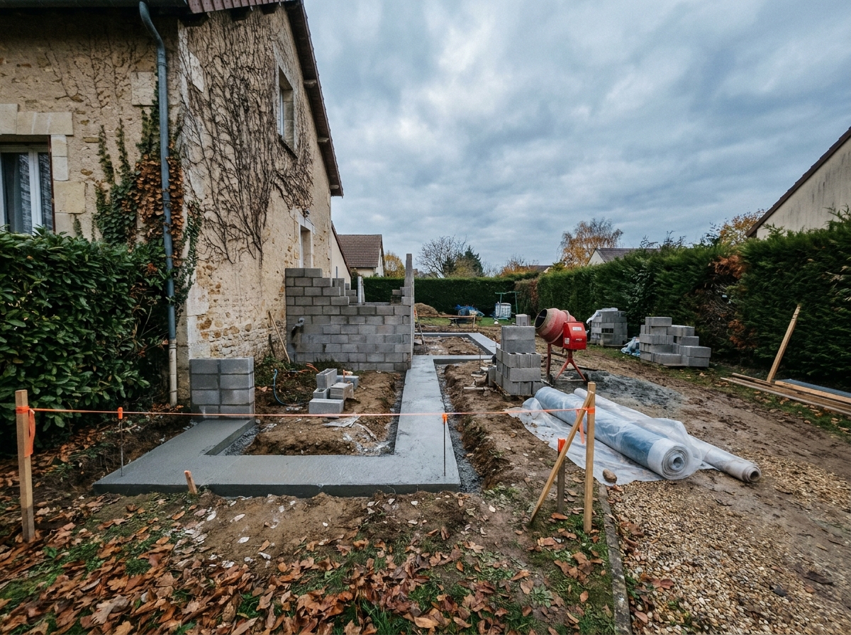 Chantier d'extension de maison avec fondations en béton et murs en parpaings en cours de construction