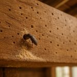Photo hyperrealiste d'une poutre en bois avec un insecte xylophage