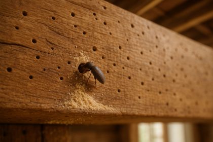 Photo hyperrealiste d'une poutre en bois avec un insecte xylophage