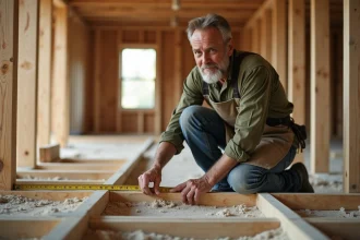 Charpentier mesurant l'entraxe entre les solives de plancher en bois dans une construction résidentielle en cours