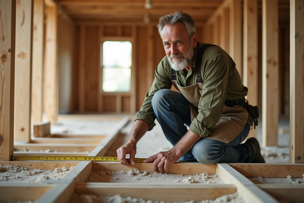 Charpentier mesurant l'entraxe entre les solives de plancher en bois dans une construction résidentielle en cours