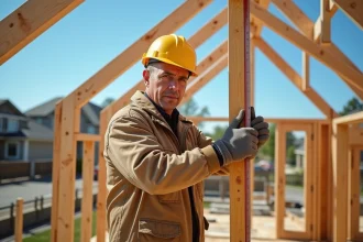 Charpentier mesurant des poutres en bois sur un chantier de toiture résidentielle en 2026