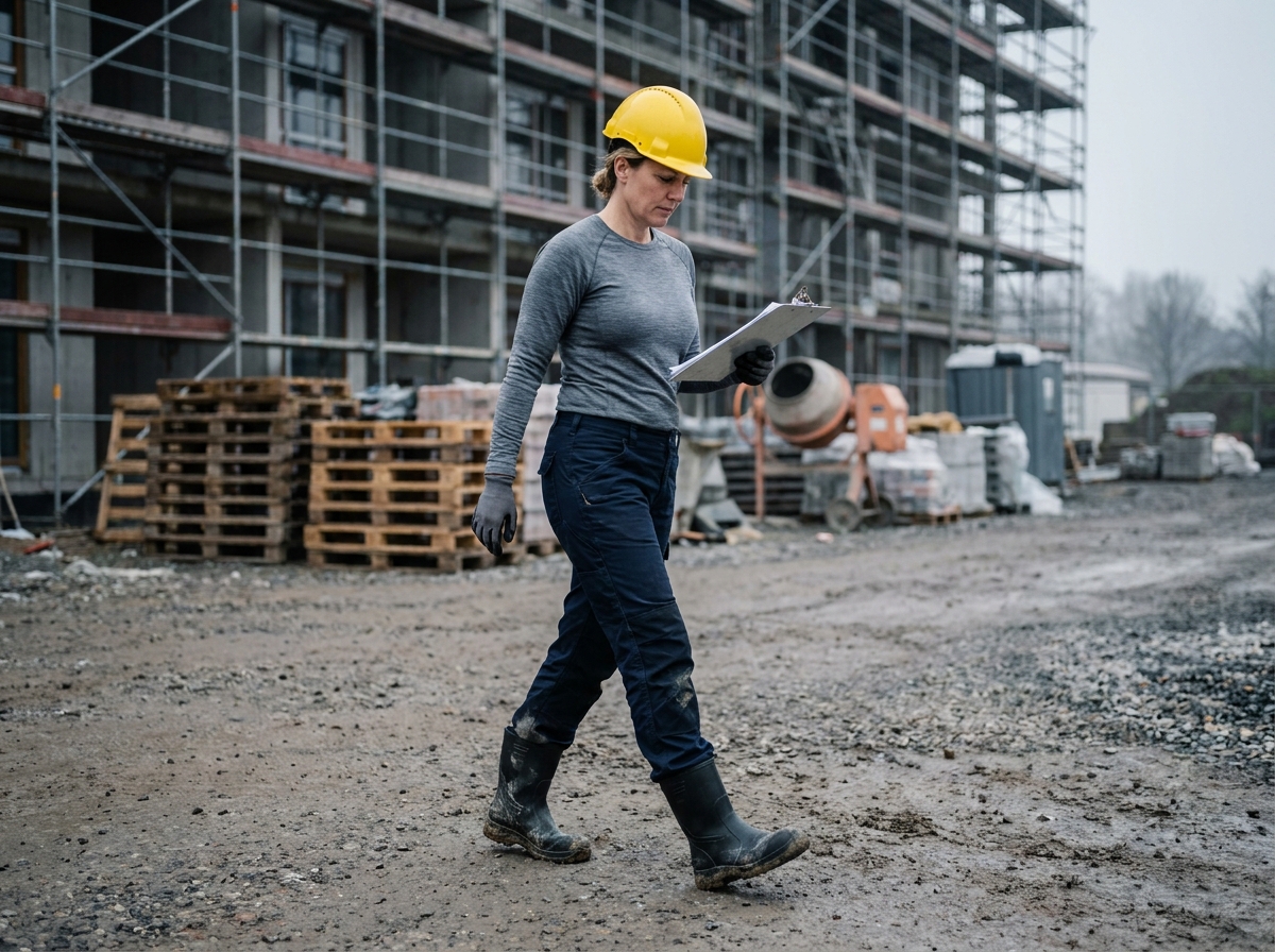 Cheffe de chantier portant des chaussures de sécurité montantes noires en marchant sur un sol en gravier boueux d'un chantier extérieur